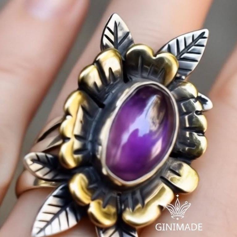 Amethyst Statement Ring – Boho Floral two tone Leaf Design – Handmade Silver Nature Jewelry