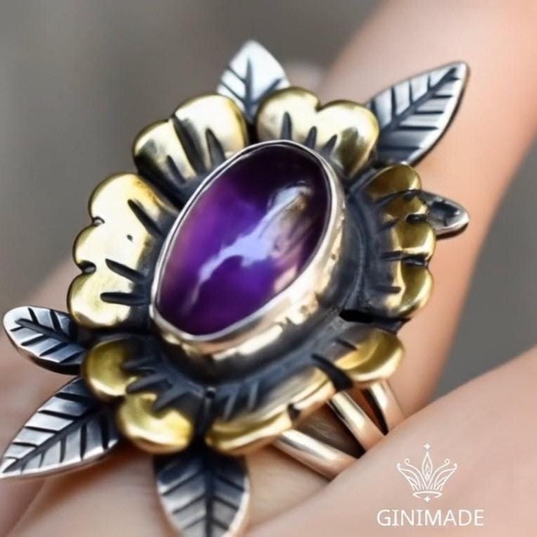 Amethyst Statement Ring – Boho Floral two tone Leaf Design – Handmade Silver Nature Jewelry