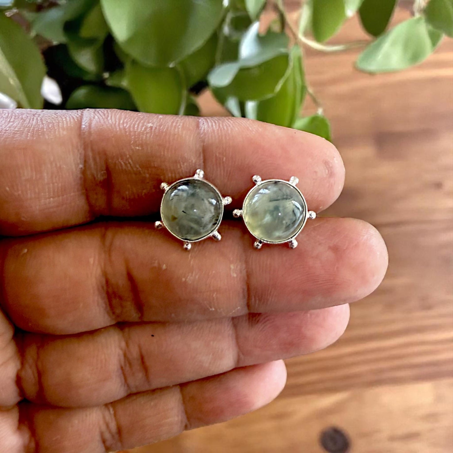 Moss Agate Brass Stud Earrings – Round Cabochon Silver Finish Earrings – Handmade Minimalist Gemstone Jewelry Gift for Her