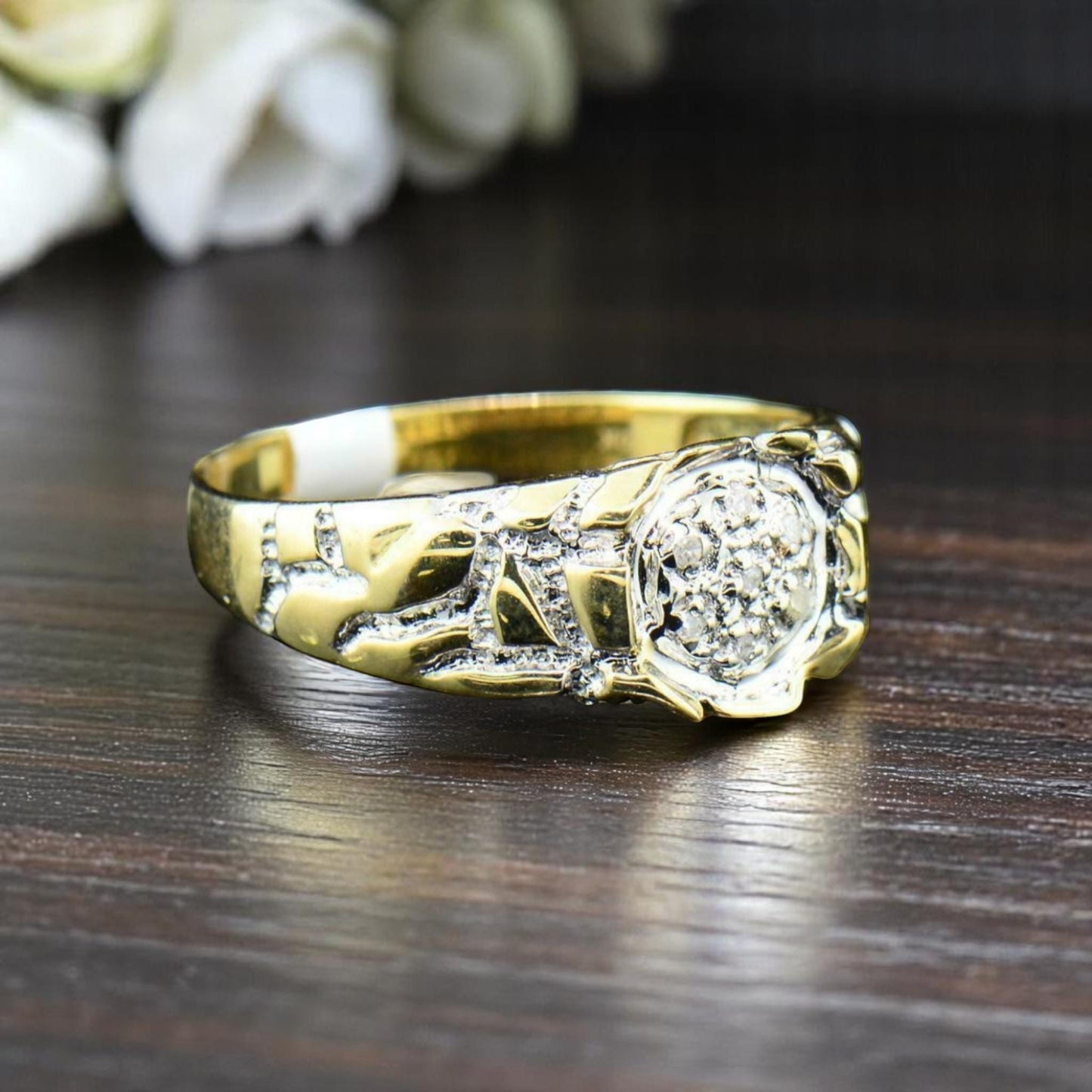 Men’s Nugget Ring in 925 Sterling Silver with CZ Diamonds – Bold Textured Statement Ring, Hip Hop Style Jewelry, Gift for Him