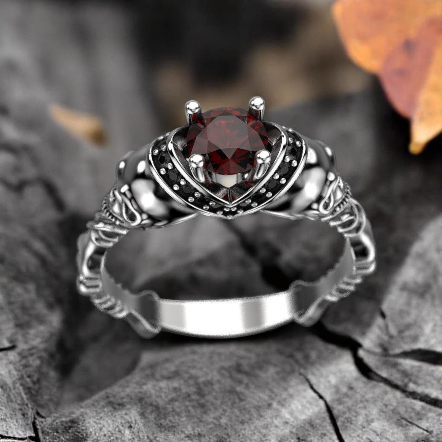 Skull Ring with Hessonite Garnet • 925 Sterling Silver Gothic  Ring • Unique Skull Jewelry for Men & Women • Halloween Wedding Ring