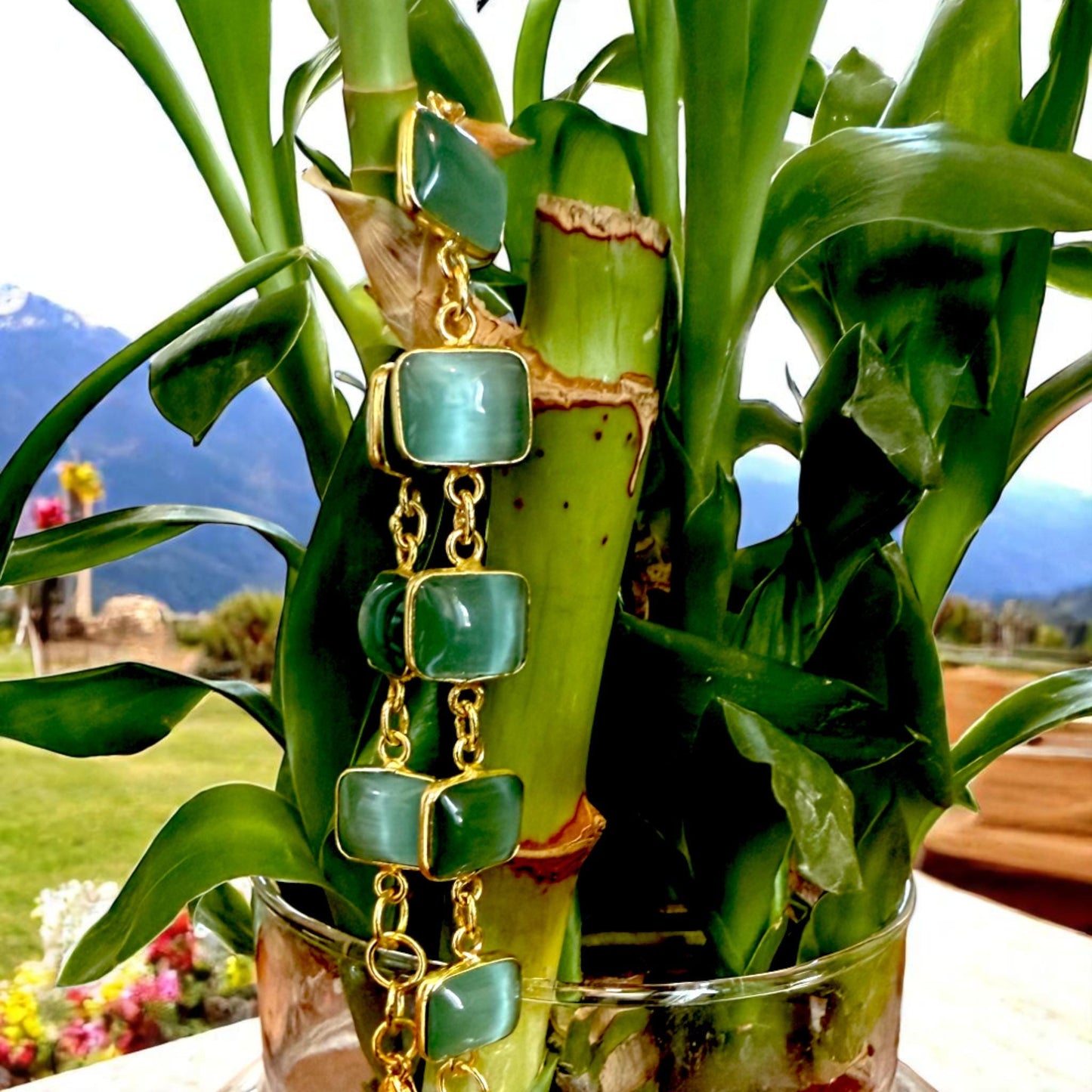 Dainty Handmade Bracelet for Women – Green Glass Stone Jewelry – Gold-Plated Brass Bracelet – Minimalist Gift for Her