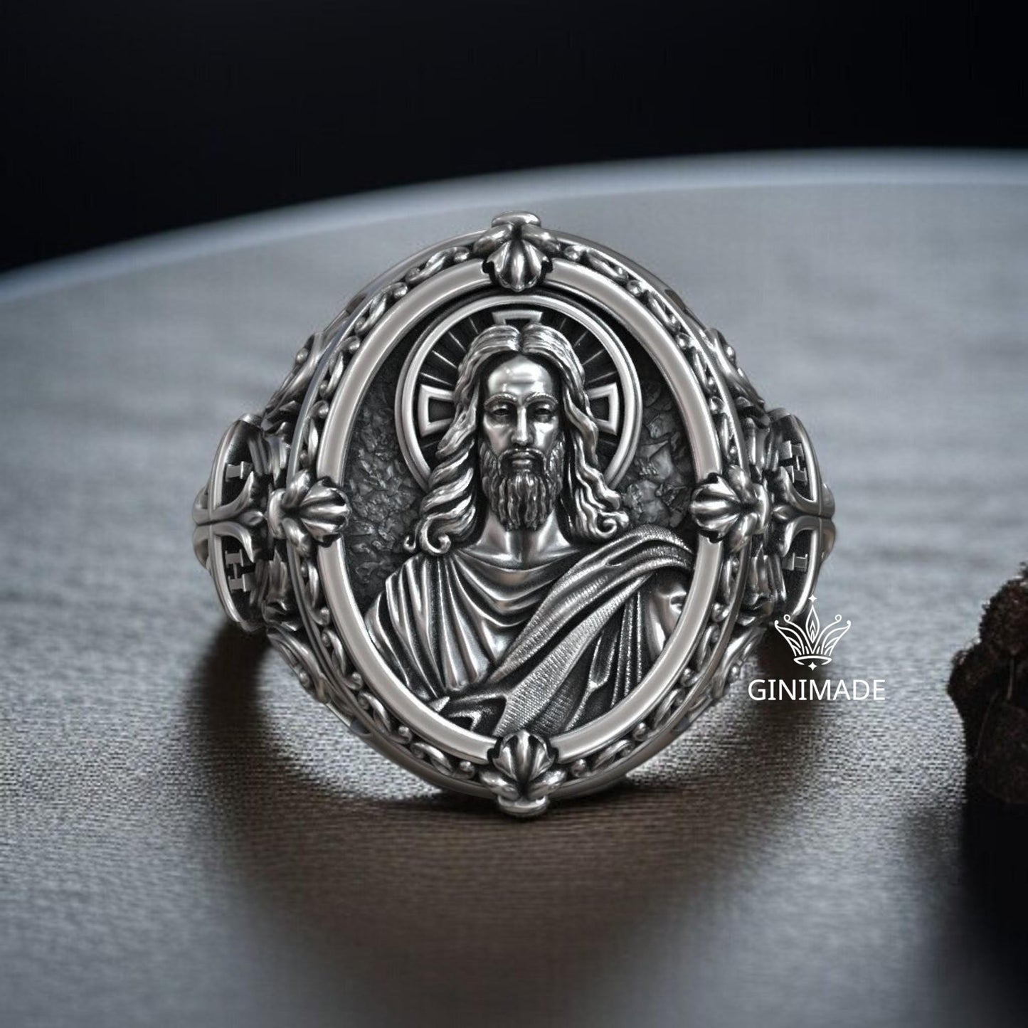 Personalized Jesus Christ Signet Ring | Sterling Silver Religious Ring for Men | Christian IHSV Cross Engraved Ring | Faith Gift for Him