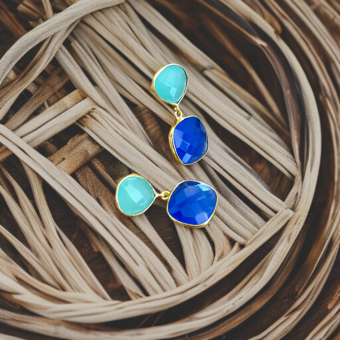 Minimalist Green & Blue Gemstone Earrings | Handmade Gold Plated Dangle Earrings | Brass Drop Jewelry Gift for Her