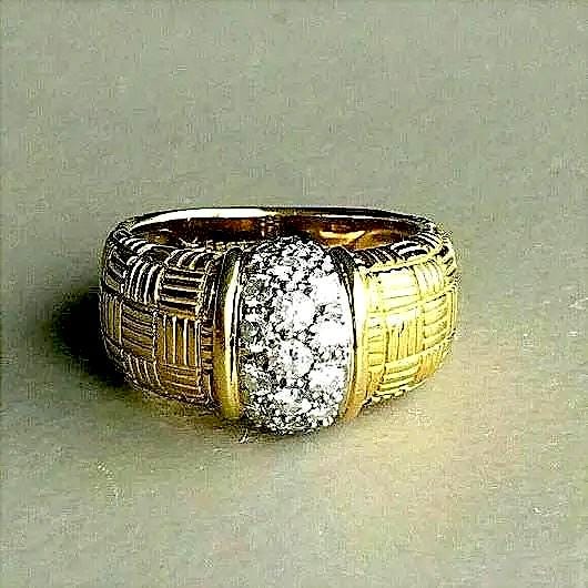 Vintage Style Silver Ring • Woven Textured Band with CZ Diamonds • Bold Statement Ring for Men & Women • Gold Plated Gift Jewelry