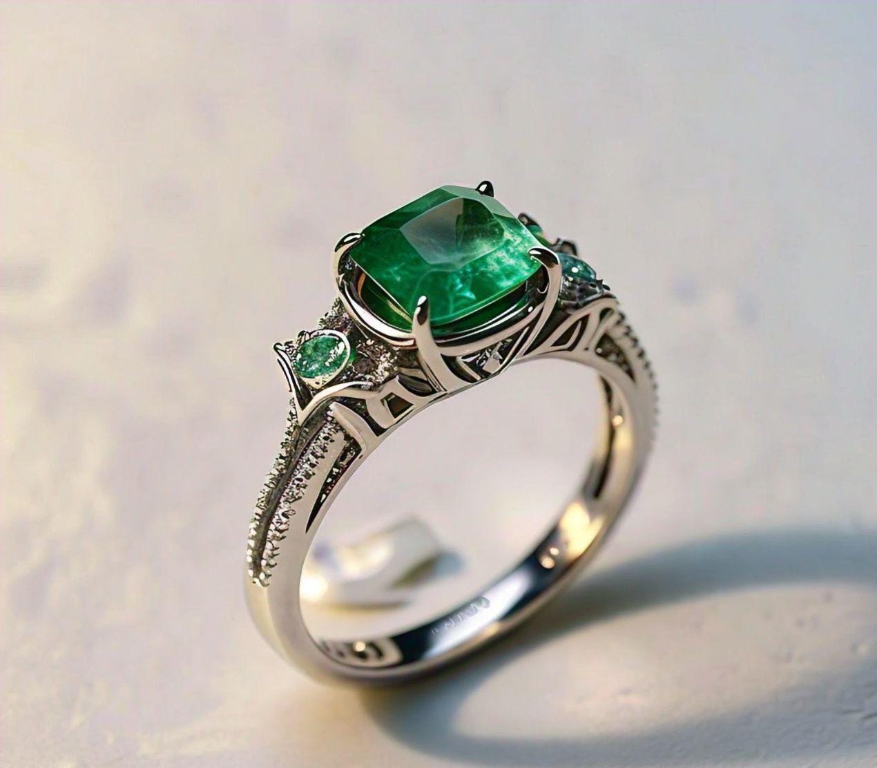 Close-up of Natural Emerald ring in sterling silver, showcasing intricate details and polished finish