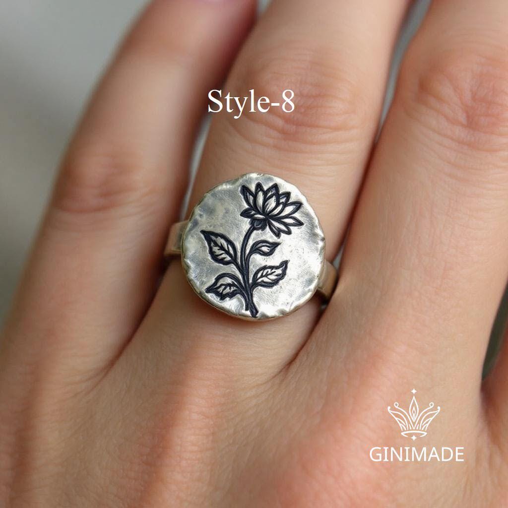 Personalized Birth Flower Ring •  Handmade Family Birth Month Bouquet Ring • Engraved Floral Ring for Mom, Grandma, or Her