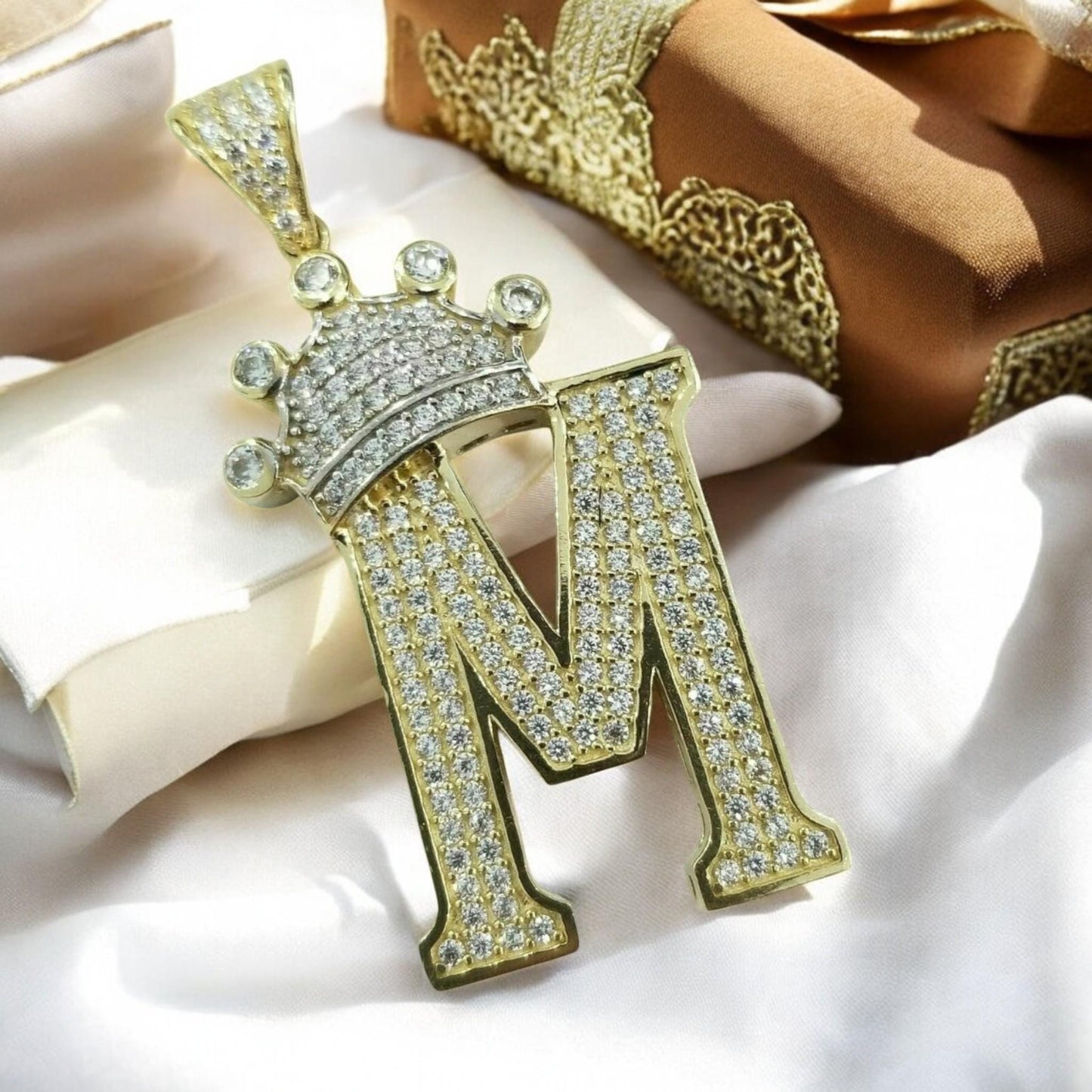 Hip Hop Style 3D Crown M Initial Pendant - 18K Yellow Gold Plated on 925 Silver for Trendy Elegance