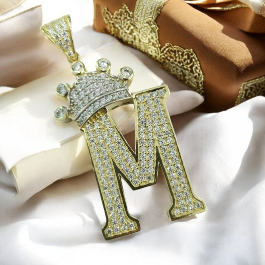 Hip Hop Style 3D Crown M Initial Pendant - 18K Yellow Gold Plated on 925 Silver for Trendy Elegance