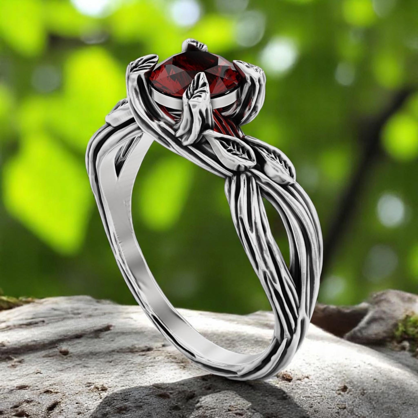 Hessonite Garnet Leaf Ring • 925 Sterling Silver Nature-Inspired Engagement Ring • Boho Woodland Gemstone Jewelry • Gothic Wedding Ring