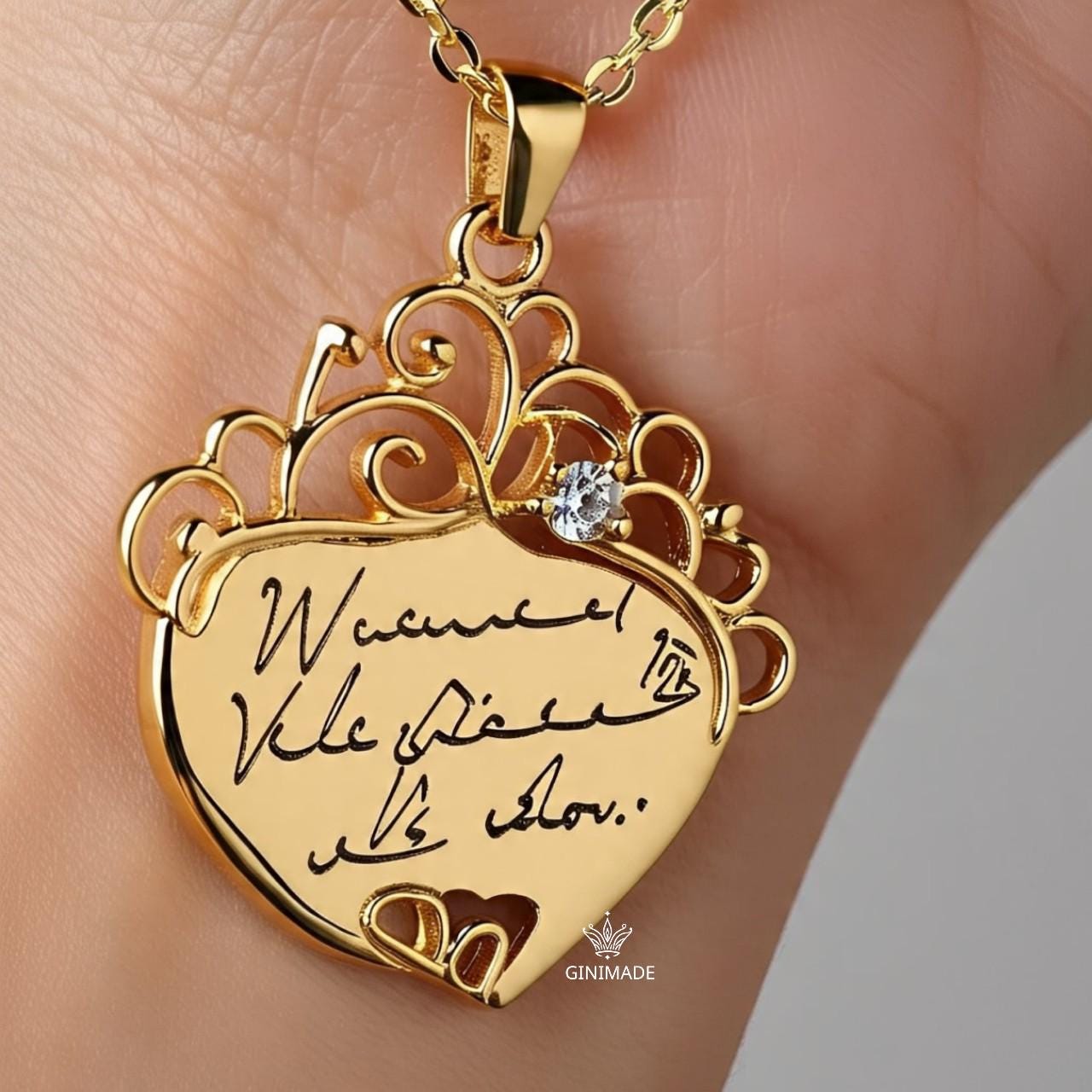 Custom Handwriting Heart Necklace • Memorial Signature Jewelry • Personalized Gold Engraved Necklace • Actual Handwriting Gift for Her