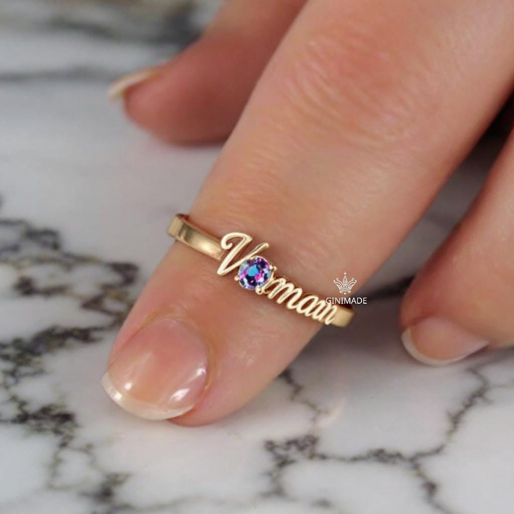 Custom Name Birthstone Ring • CZ Personalized Name Ring • Dainty Stacking Jewelry • Graduation Gift • Gift for Her • Proposal Ring