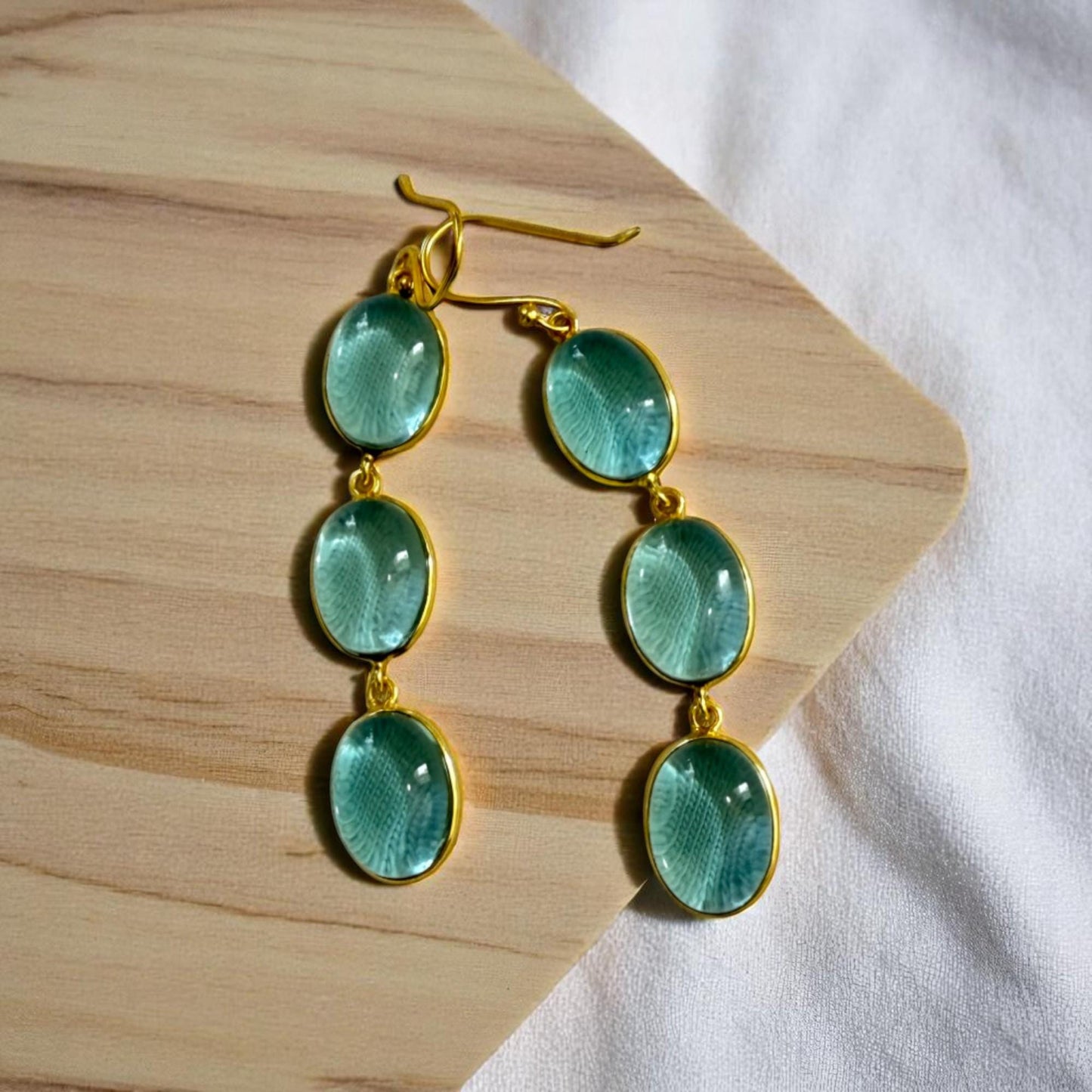 Lush Blue Drops – Handcrafted 3-Stone Brass Earrings – Bohemian Chic Dangle Jewelry for Her