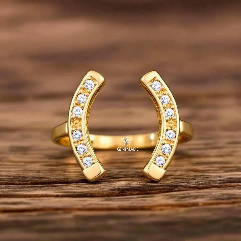 Horseshoe Gold Ring • Adjustable CZ Open Ring • Lucky Gold Statement Ring for Women • Dainty Stacking Ring • Gift for Her