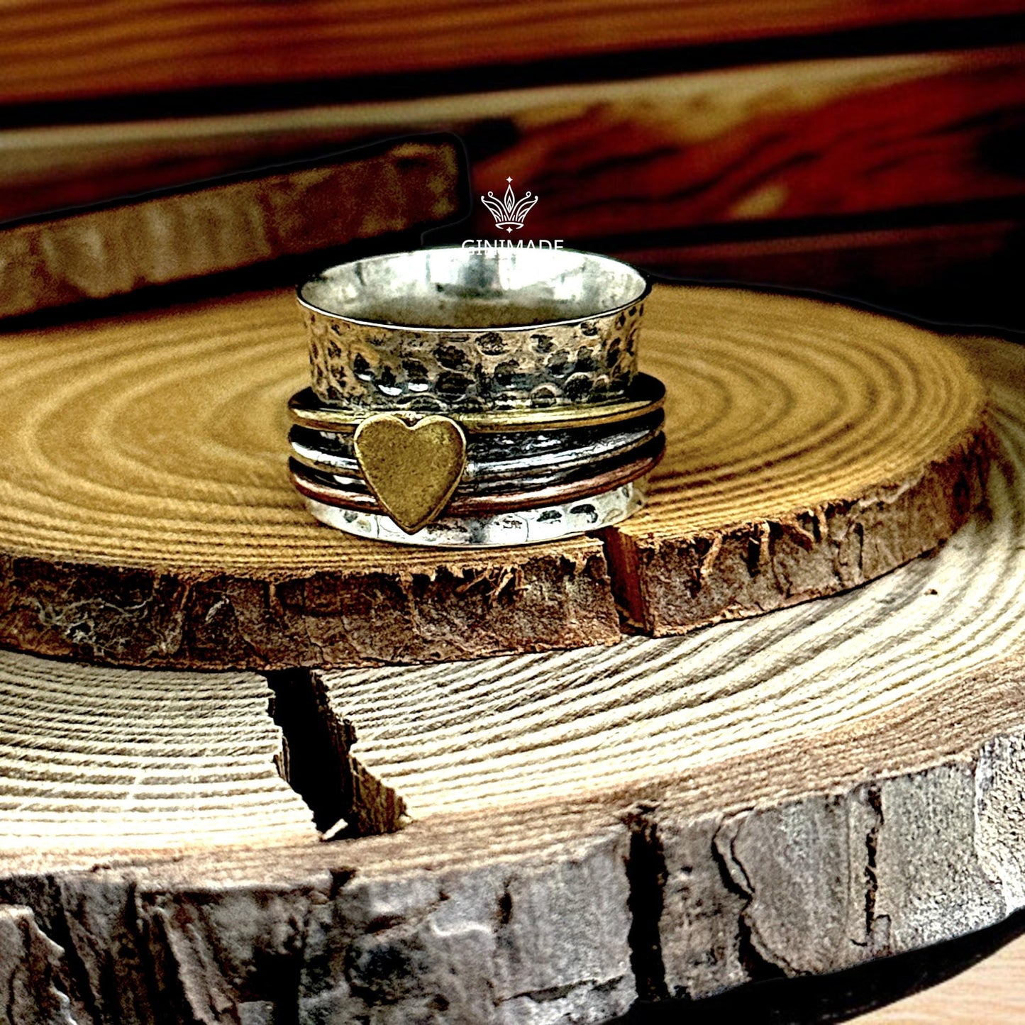 Heart Spinner Ring | Sterling Silver Mixed Metal Fidget Ring Handmade Wide Band Boho Ring | Brass Copper Accent | GINIMADE