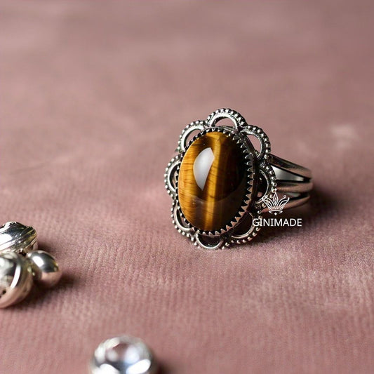 Tiger Eye Ring in Oxidized Sterling Silver – Boho Statement Ring for Men & Women | Vintage Oval Crystal Jewelry.