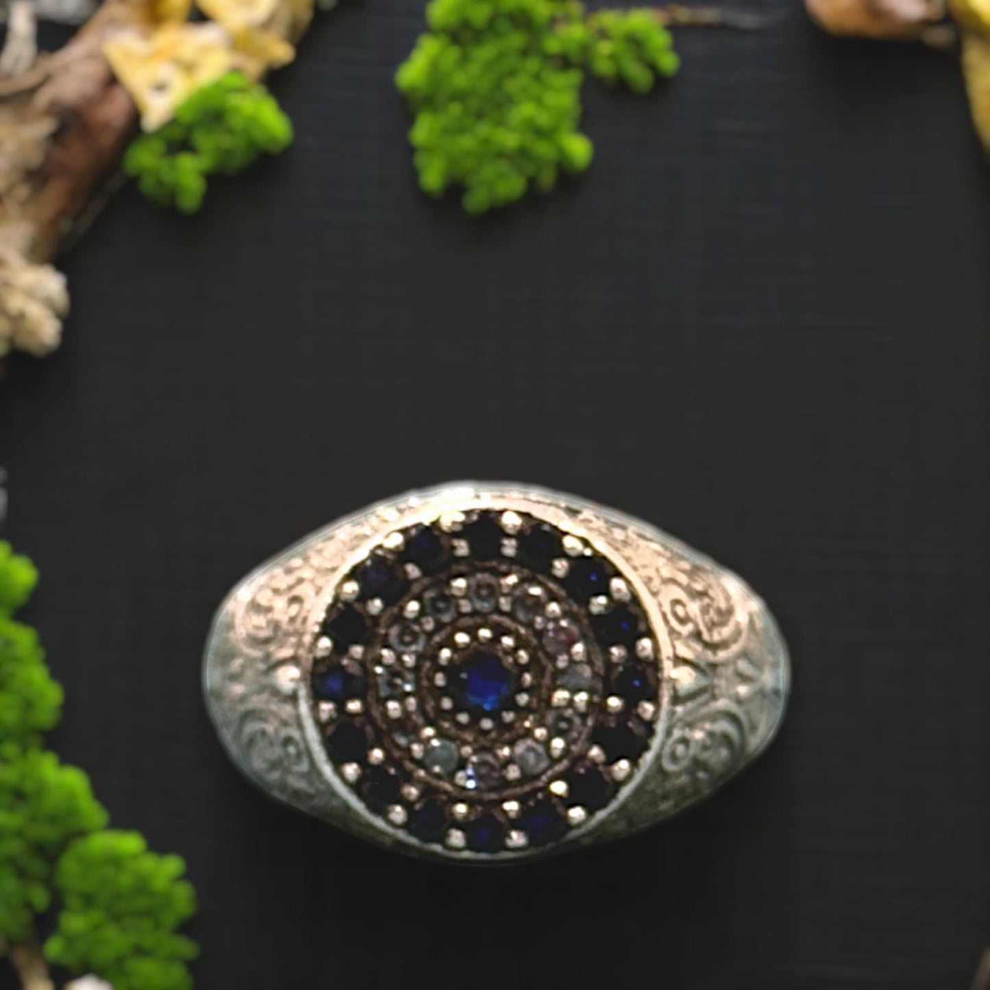 Boho Vintage-Inspired Men's Silver Ring – Ornate Signet with Blue & White CZ, A Timeless Piece Echoing Ancient Craft.