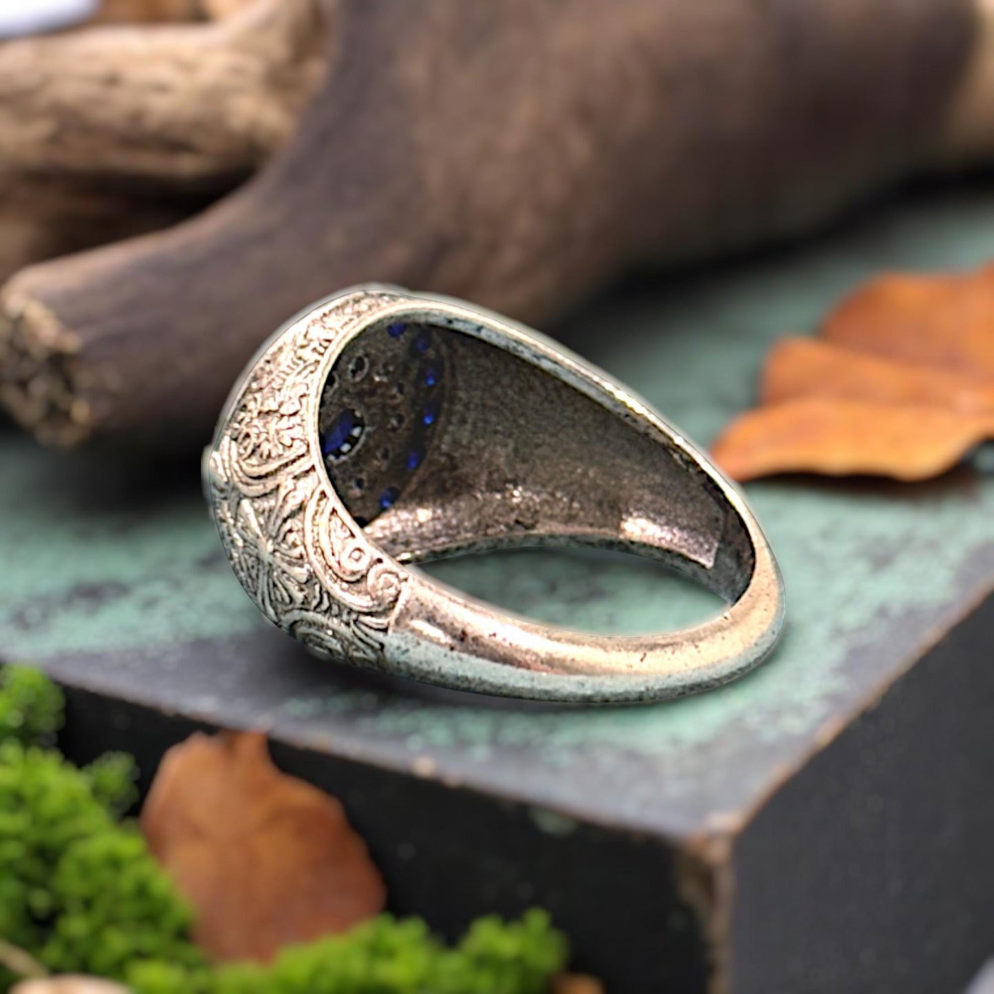 Boho Vintage-Inspired Men's Silver Ring – Ornate Signet with Blue & White CZ, A Timeless Piece Echoing Ancient Craft.