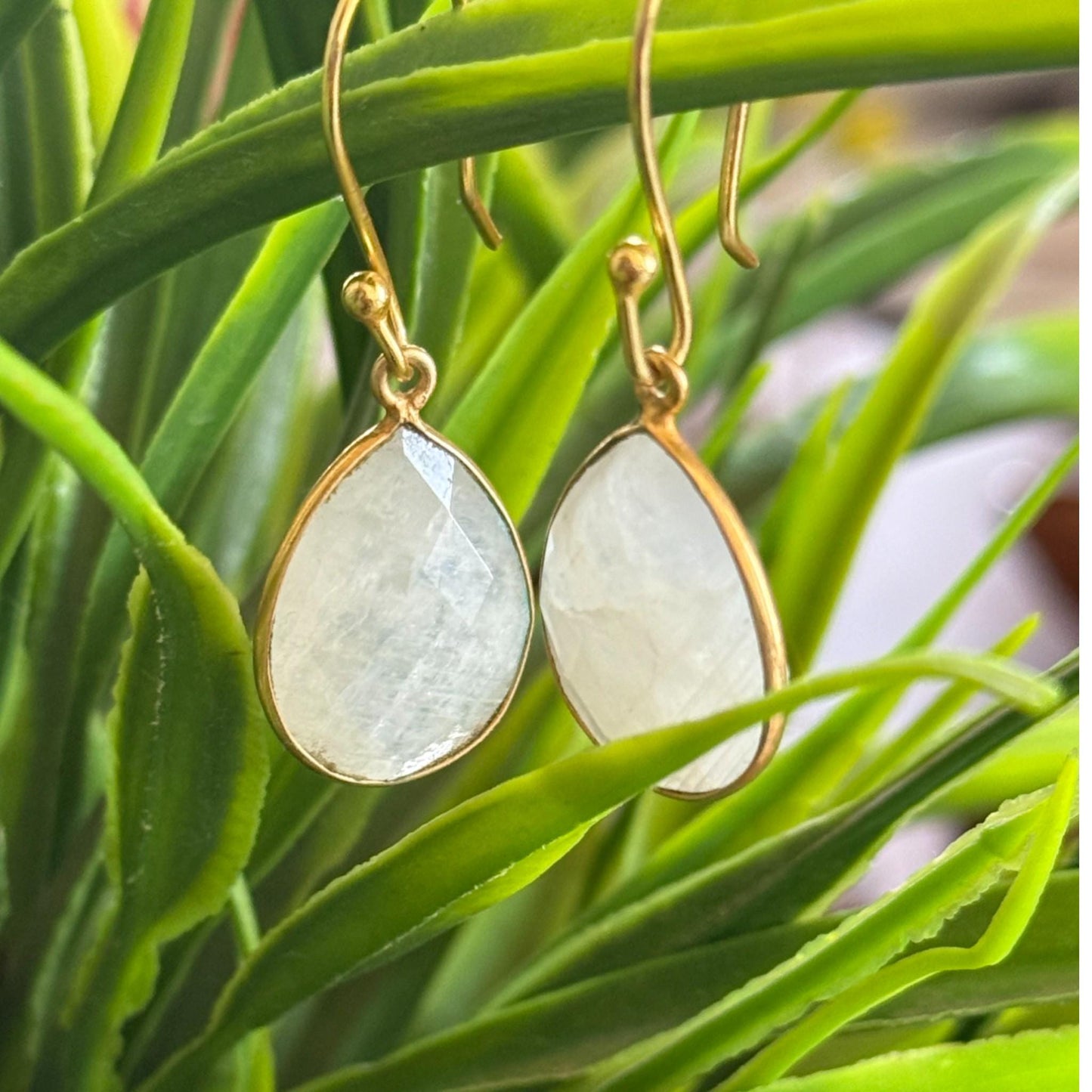 Moonstone Teardrop Earrings – Handmade 18K Gold Plated Dangle Earrings, Elegant Boho Jewelry for Women, June Birthstone Gift Faceted