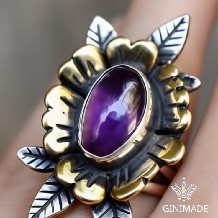 Amethyst Statement Ring – Boho Floral two tone Leaf Design – Handmade Silver Nature Jewelry