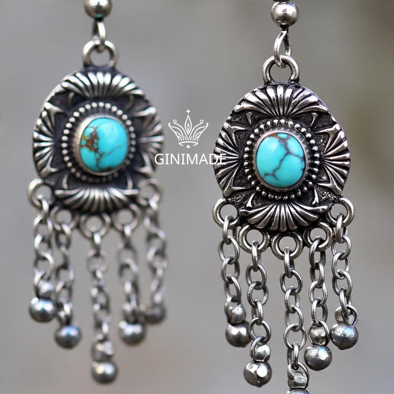 Boho Turquoise Drop Earrings | Handmade Tribal Silver Dangle Earrings | Teardrop Gemstone Oxidized Earrings | Ethnic Indian Jewelry