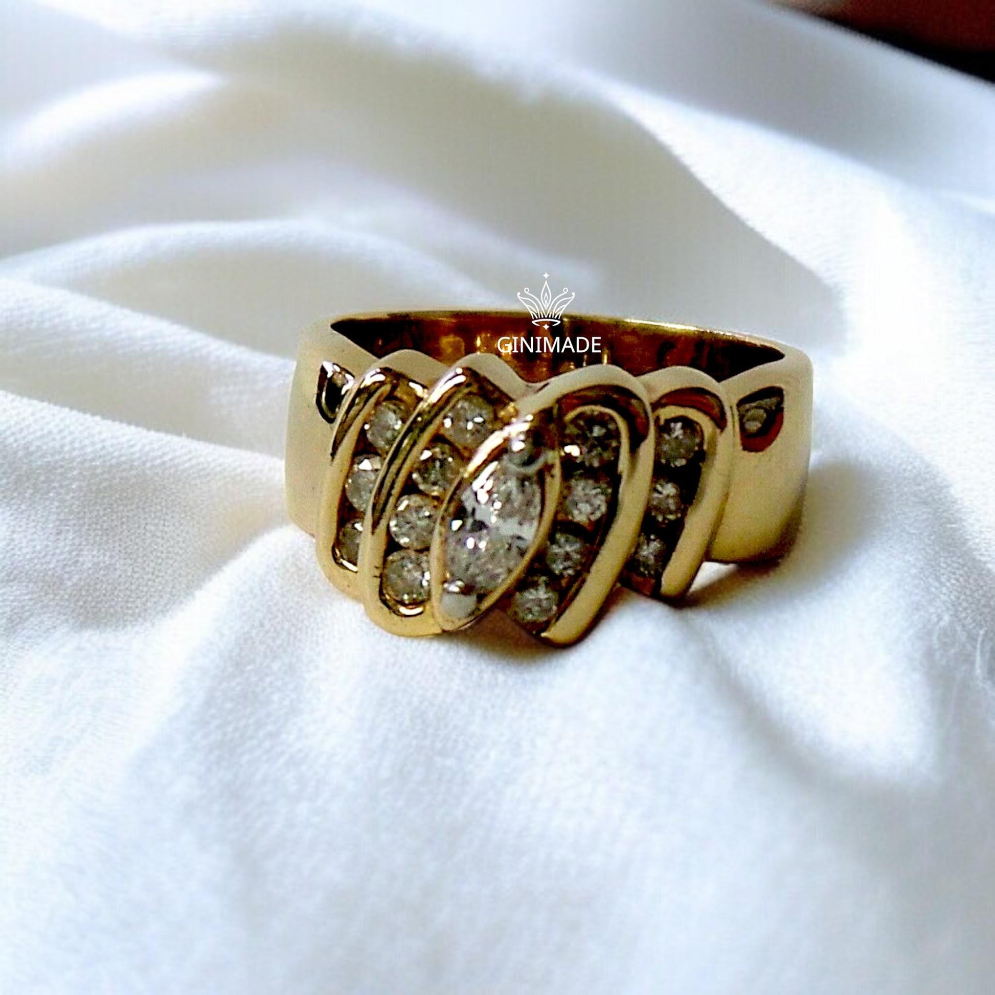 Vintage 925 Sterling Silver CZ Diamond Ring | Bold Retro Gold Plated Statement Ring | Men&#39;s Wide Band Jewelry | By Ginimade.