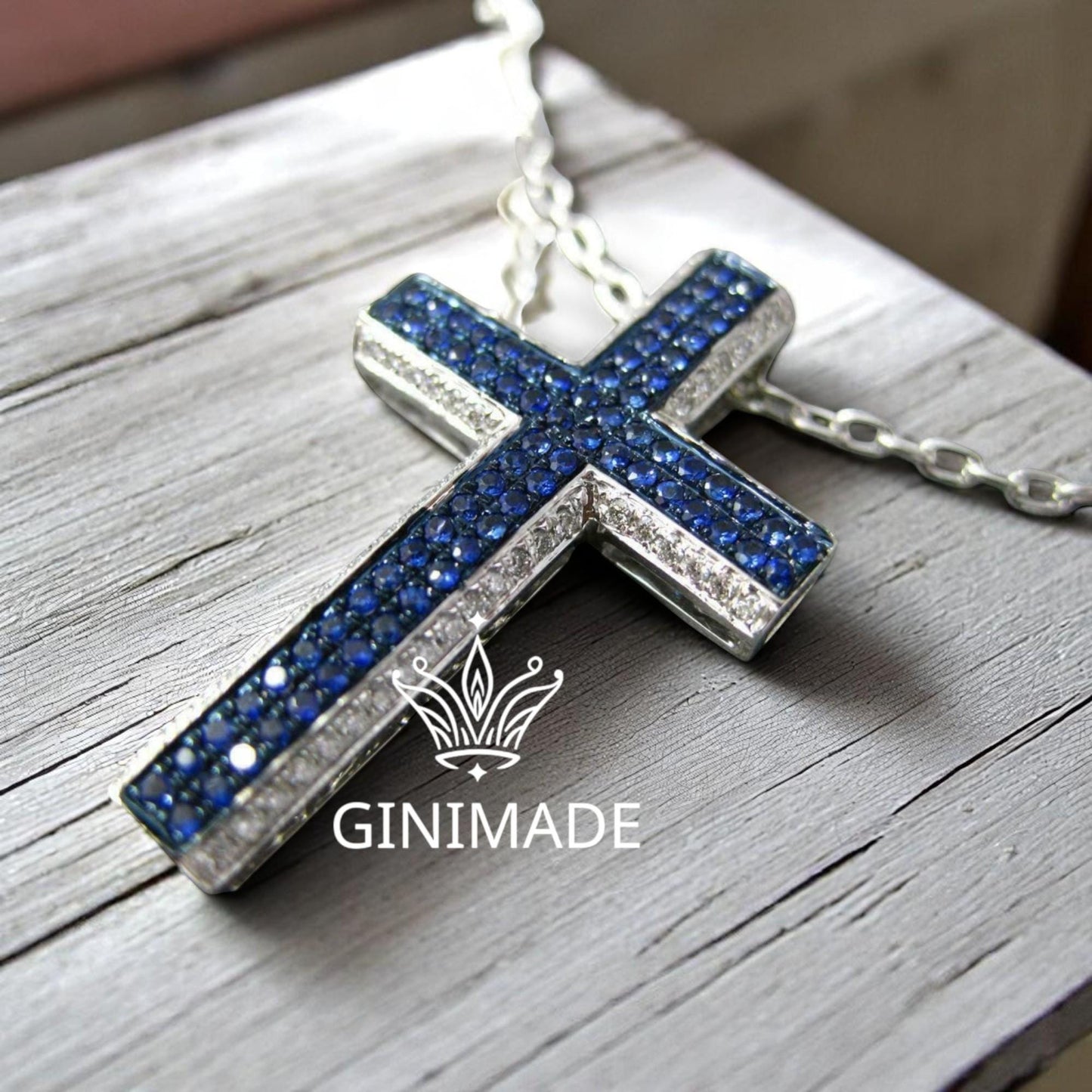 Blue and White Diamond Cross Necklace  925 Sterling Silver  Unisex Religious Pendant fathers day gift.