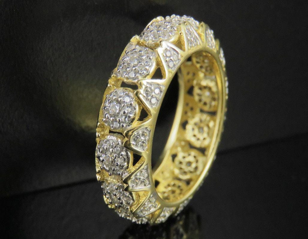Close-up of gold plated CZ diamond band, intricate details