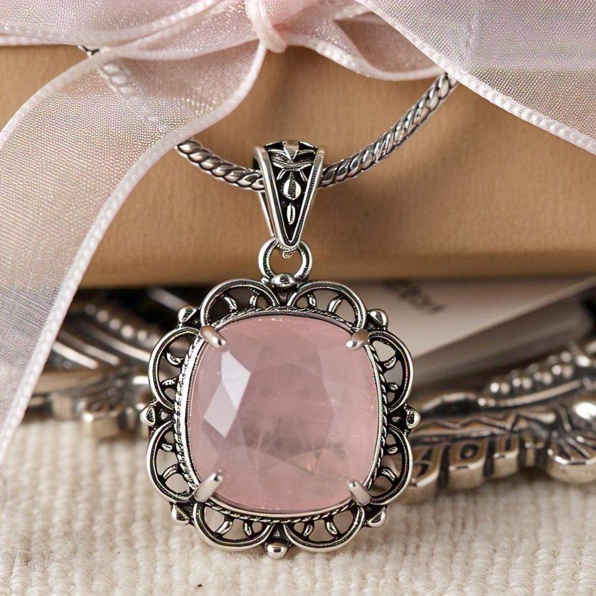 Rose Quartz Pendant Necklace, Boho Chic Jewelry, Sterling Silver, Gift for Her.
