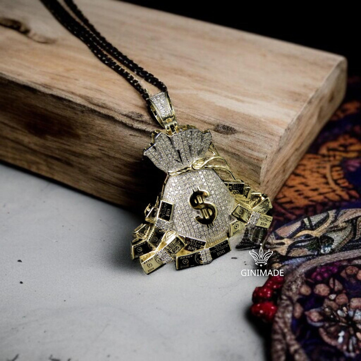 Money Bag Pendant with Dollar Sign – Iced Out Gold & Diamond Simulated Hip Hop Necklace | Statement Jewelry for Men