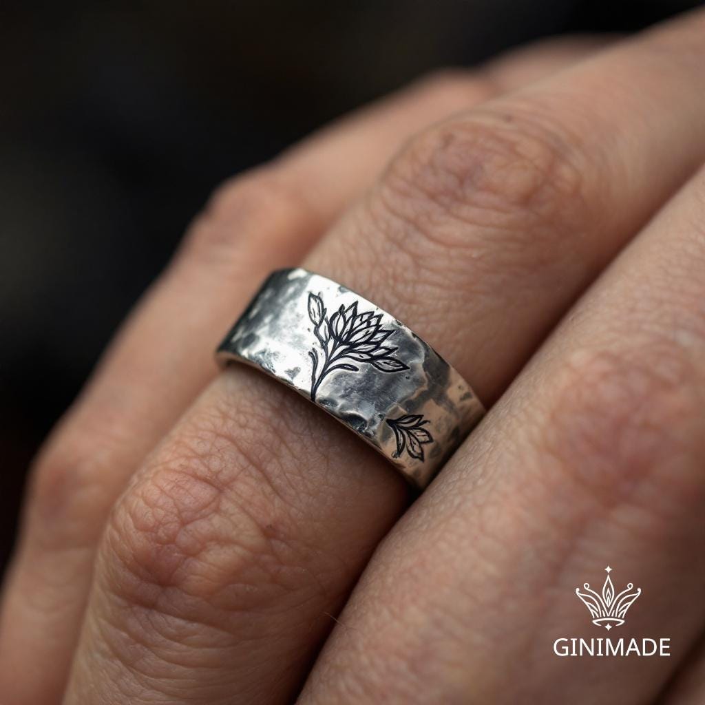 Custom Birth Flower Engraved Ring • Personalized Gold 8mm Wide Band Ring • Floral Birth Month Ring for Men and Women • Handmade Jewelry.