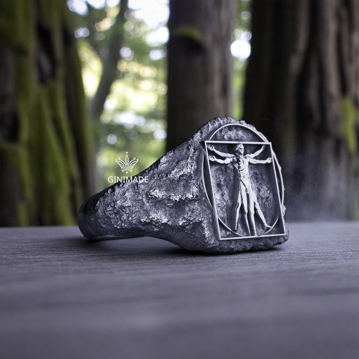Vitruvian Man Signet Ring | 925 Sterling Silver Men's Ring | Da Vinci Inspired Renaissance Jewelry | Handmade Gift for Him.