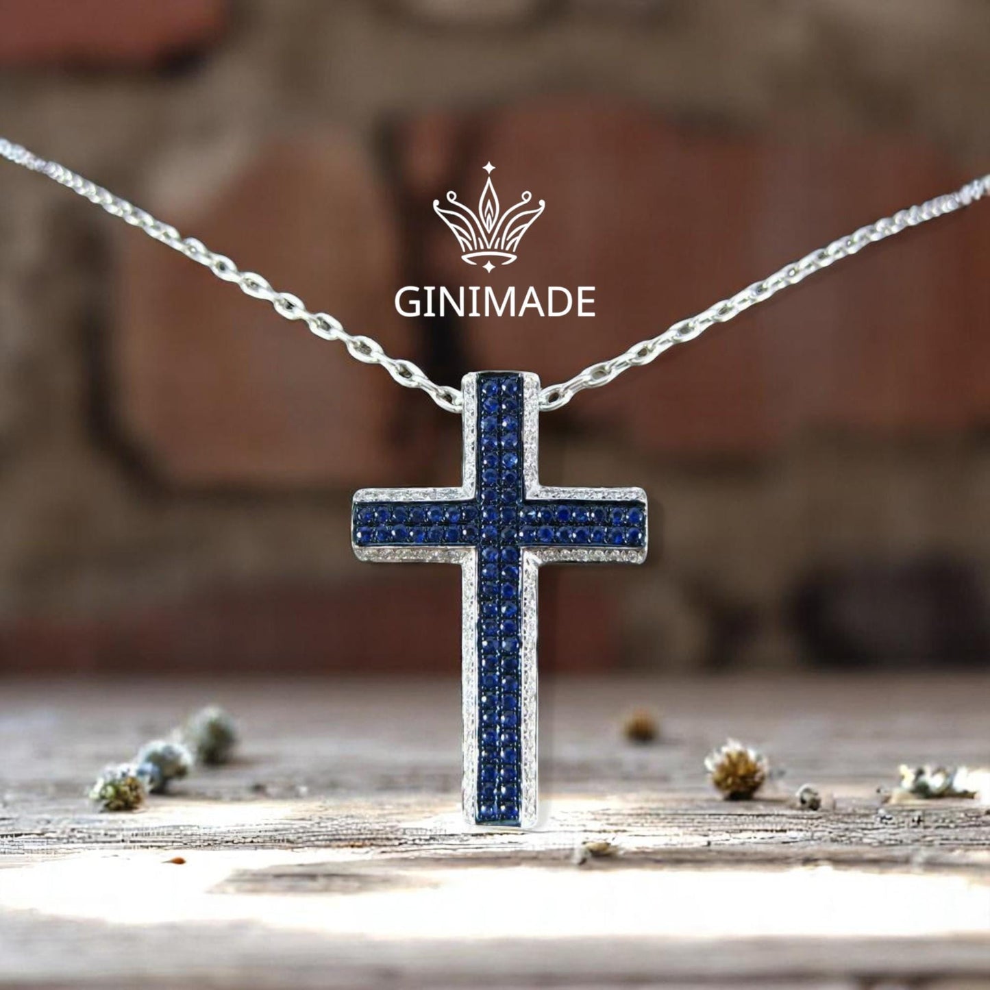 Blue and White Diamond Cross Necklace  925 Sterling Silver  Unisex Religious Pendant fathers day gift.
