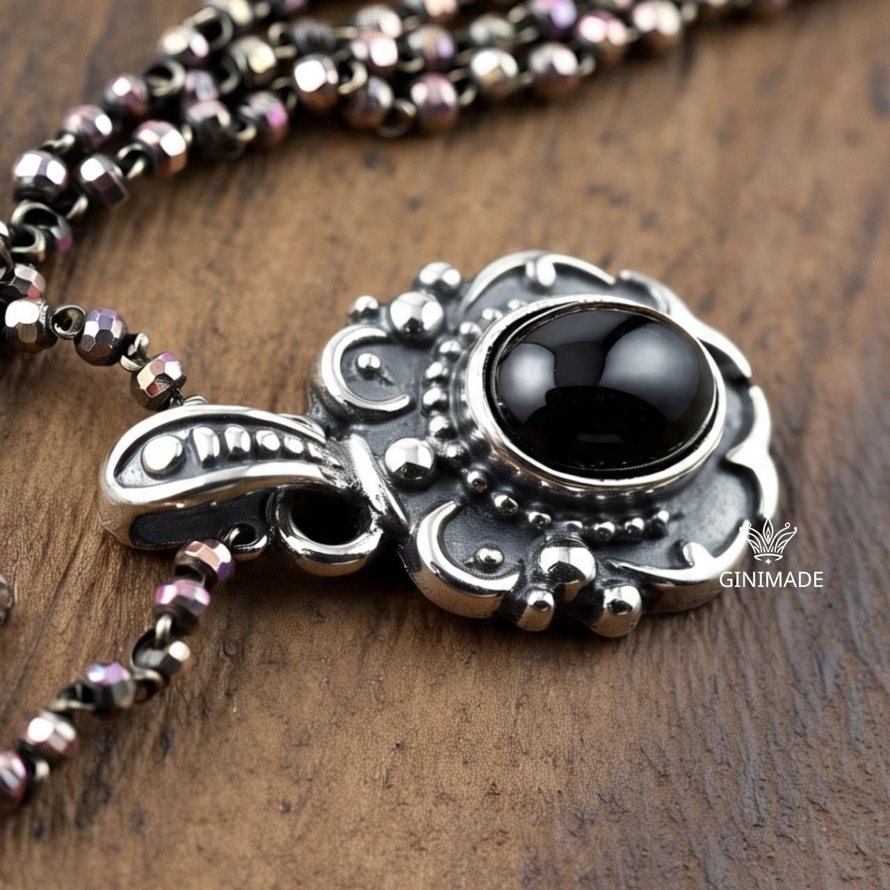 Handcrafted Black Onyx Pendant in Vintage Sterling Silver | Boho Gothic Oval Gemstone Necklace | Artisan Indian Jewelry Gift for Her