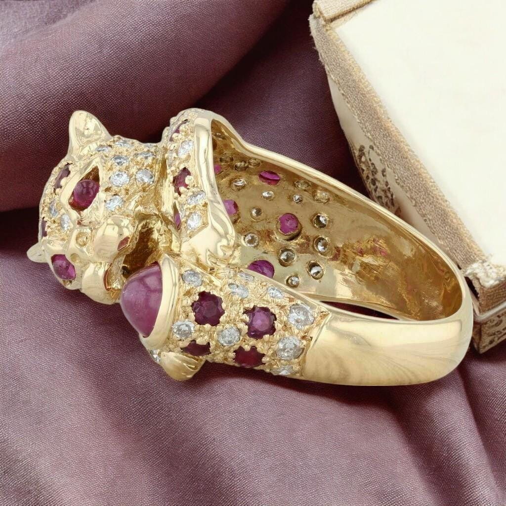 Unique CZ Ruby and CZ Diamond  Panther Leopard Ring in 14k Yellow Gold Plated Silver 925 – Elegant Animal Inspired Jewelry