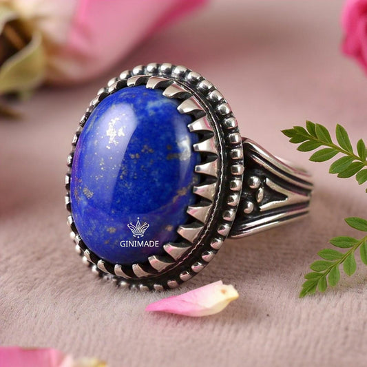 Lapis Lazuli Statement Ring – Vintage Style Sterling Silver Ring – Blue Gemstone Ring for Women – Boho Handmade Jewelry by Ginimade