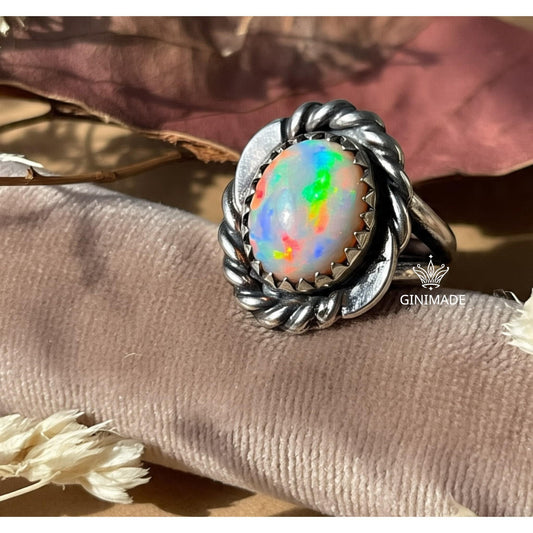 Vintage Fire Opal Ring | Sterling Silver Twisted Rope Design | Oval Rainbow Opal Statement Ring | October Birthstone Jewelry