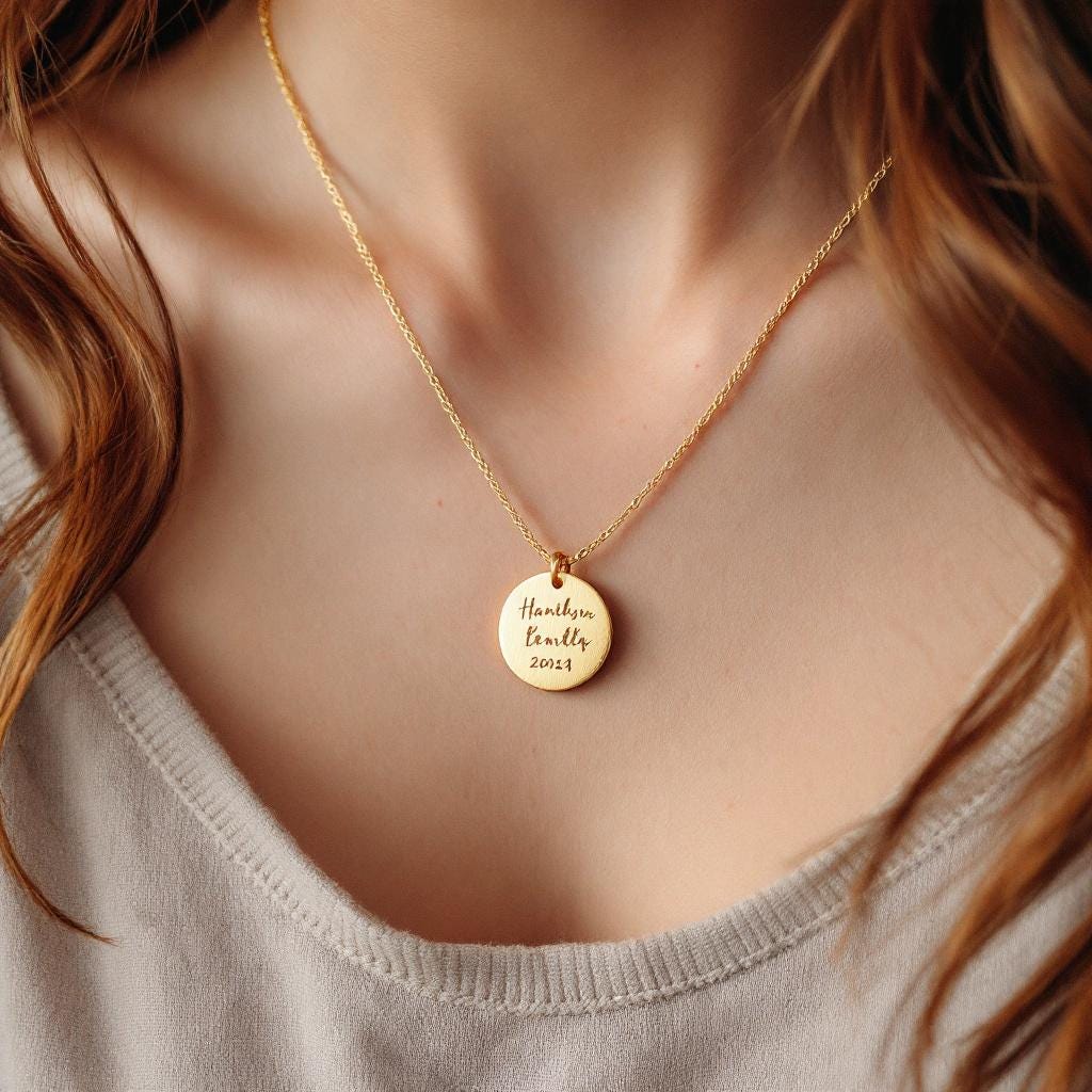 Custom Handwriting Disc Necklace • Memorial Signature Jewelry • Personalized Gold Engraved Necklace • Actual Handwriting Gift for Her