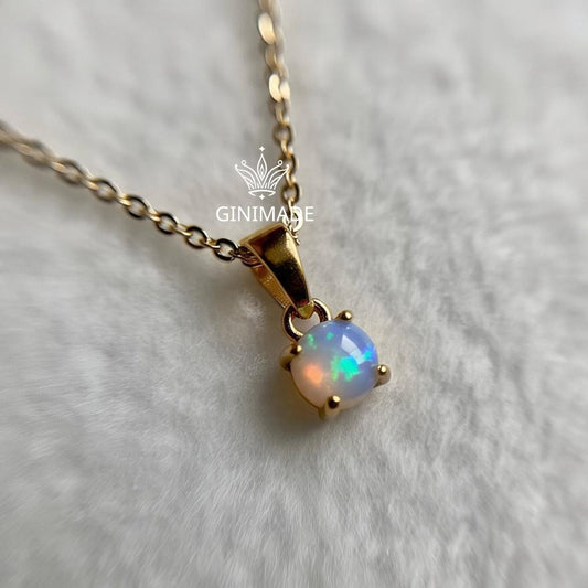 Tiny Opal Gold Necklace – Dainty Round October Birthstone Pendant, Minimalist Gold Jewelry, Bridesmaid Gift, Birthday Gift for Her