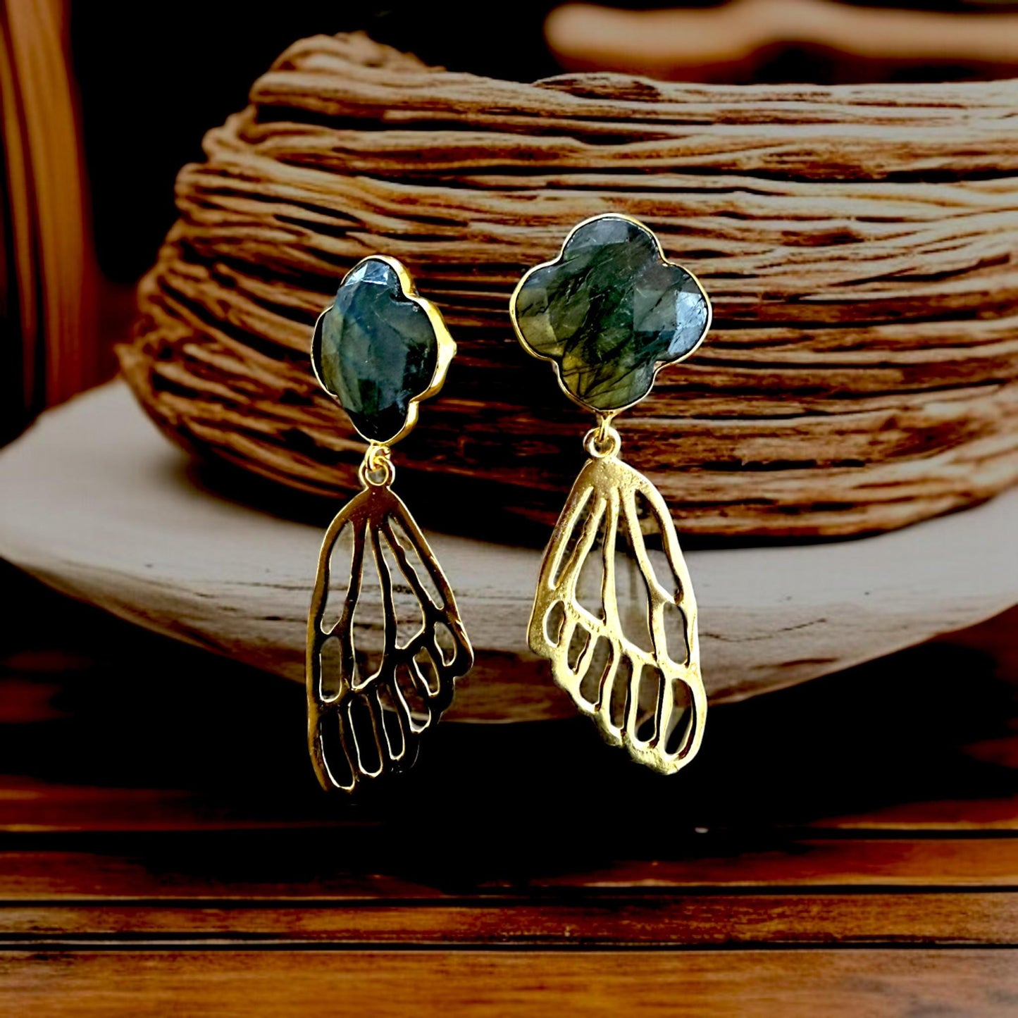 Labradorite Brass Butterfly Wing Earrings – Handmade Gold Plated Statement Dangle Earrings – Nature Inspired Boho Jewelry Gift for Her.