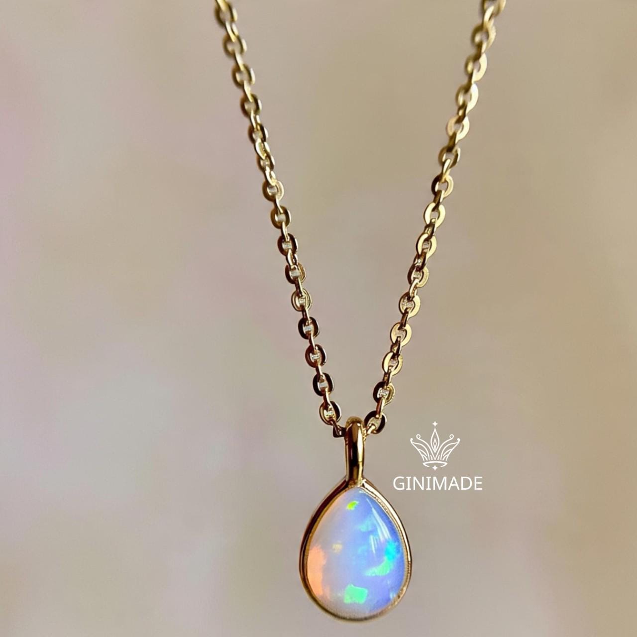 Tiny Opal Gold Necklace – Dainty October Birthstone Pear Pendant, Minimalist Opal Jewelry, Bridesmaid Gift, Birthday Gift for Her.