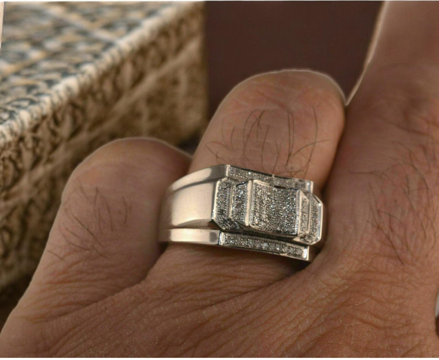Men’s White Gold Plated Signet Ring – Simulant Diamond Accents, Stylish Luxury Jewelry.