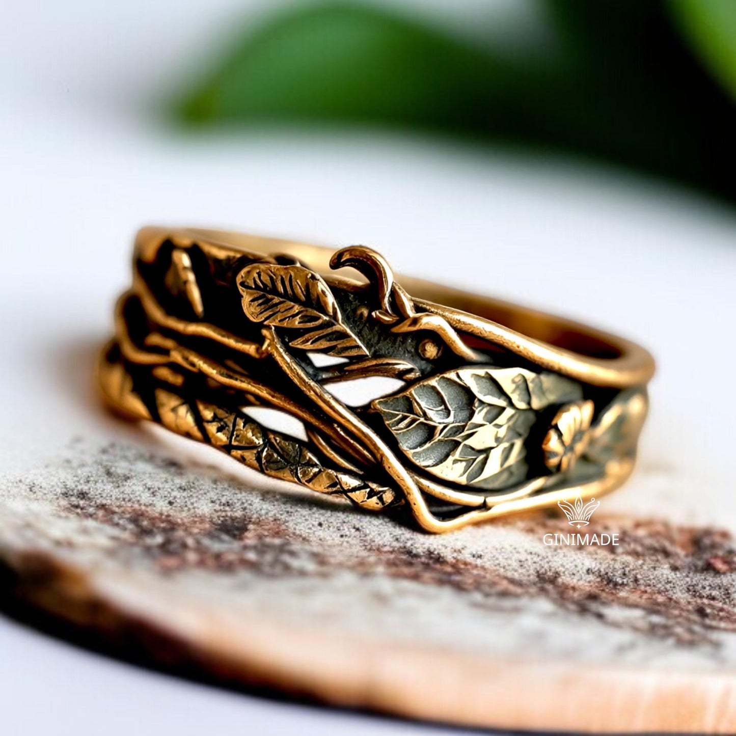 Vintage Nature-Inspired Leaf Branch Ring | Antique Gold Boho Ring for Women | Botanical Forest Band | Handmade Woodland Jewelry Gift