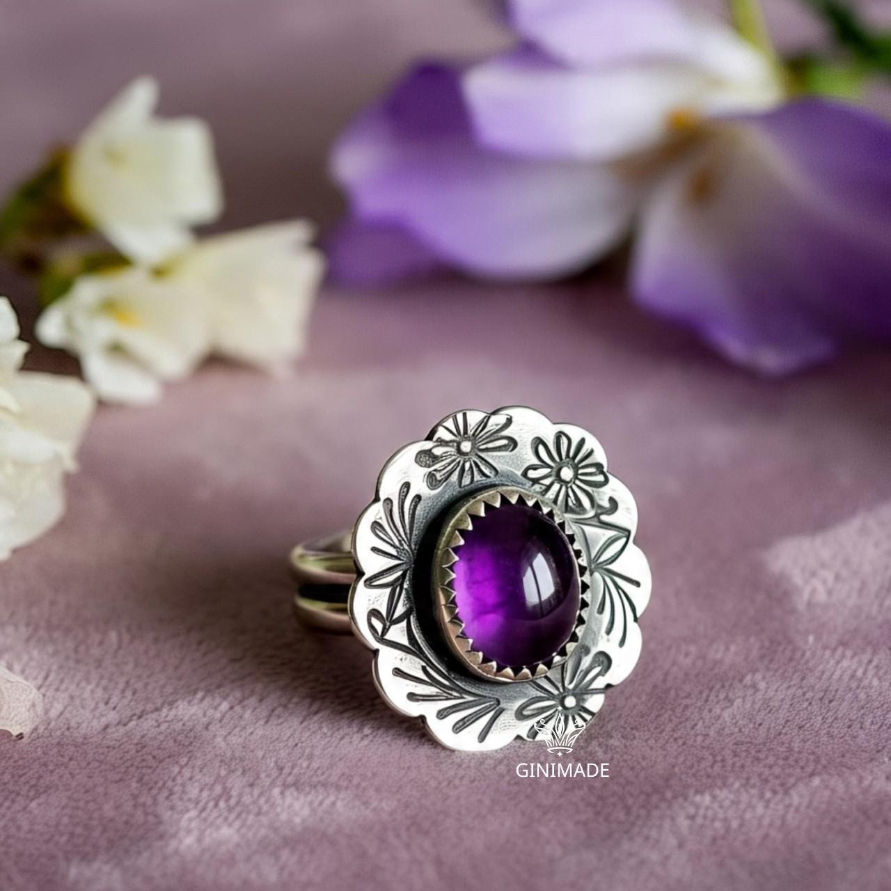 Nature Inspired Amethyst Ring by Ginimade – Bold Floral Gem Jewelry in 925 Silver