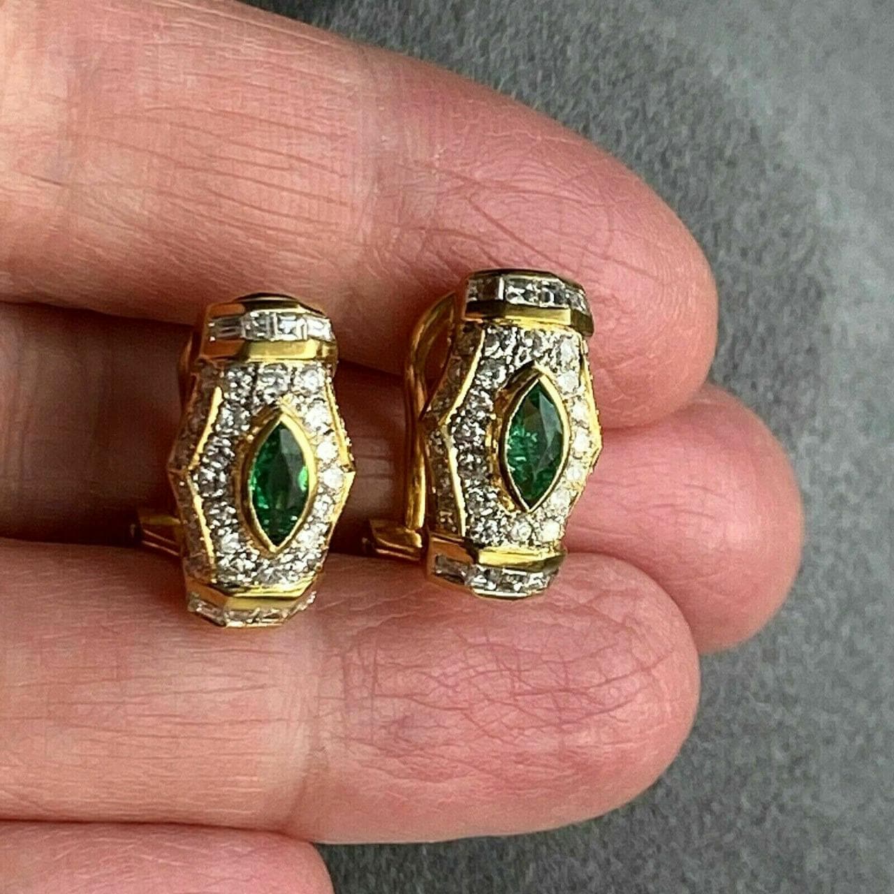 Vintage Emerald and Lab Diamond Earrings | 925 Sterling Silver Gold Plated Jewelry"
