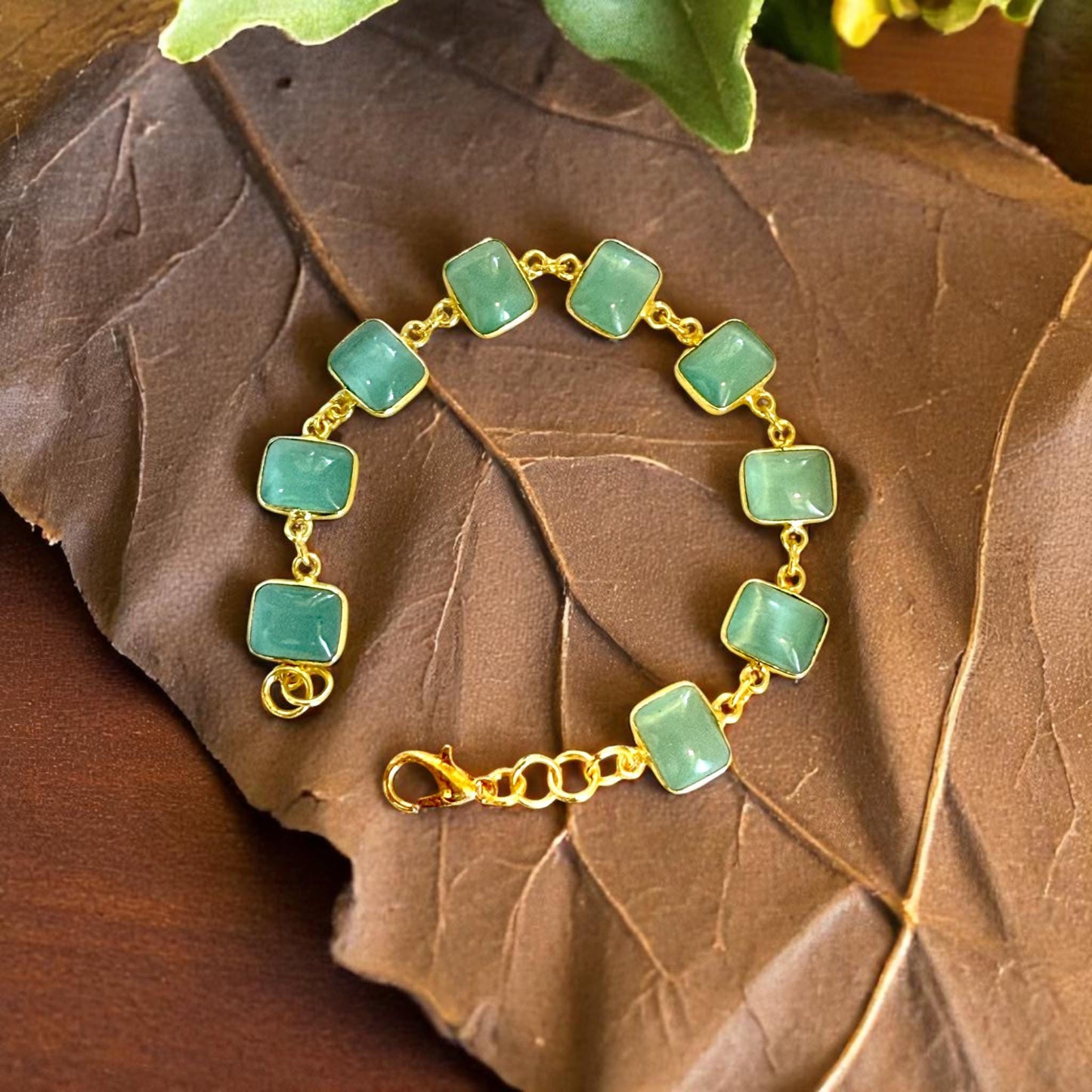 Dainty Handmade Bracelet for Women – Green Glass Stone Jewelry – Gold-Plated Brass Bracelet – Minimalist Gift for Her