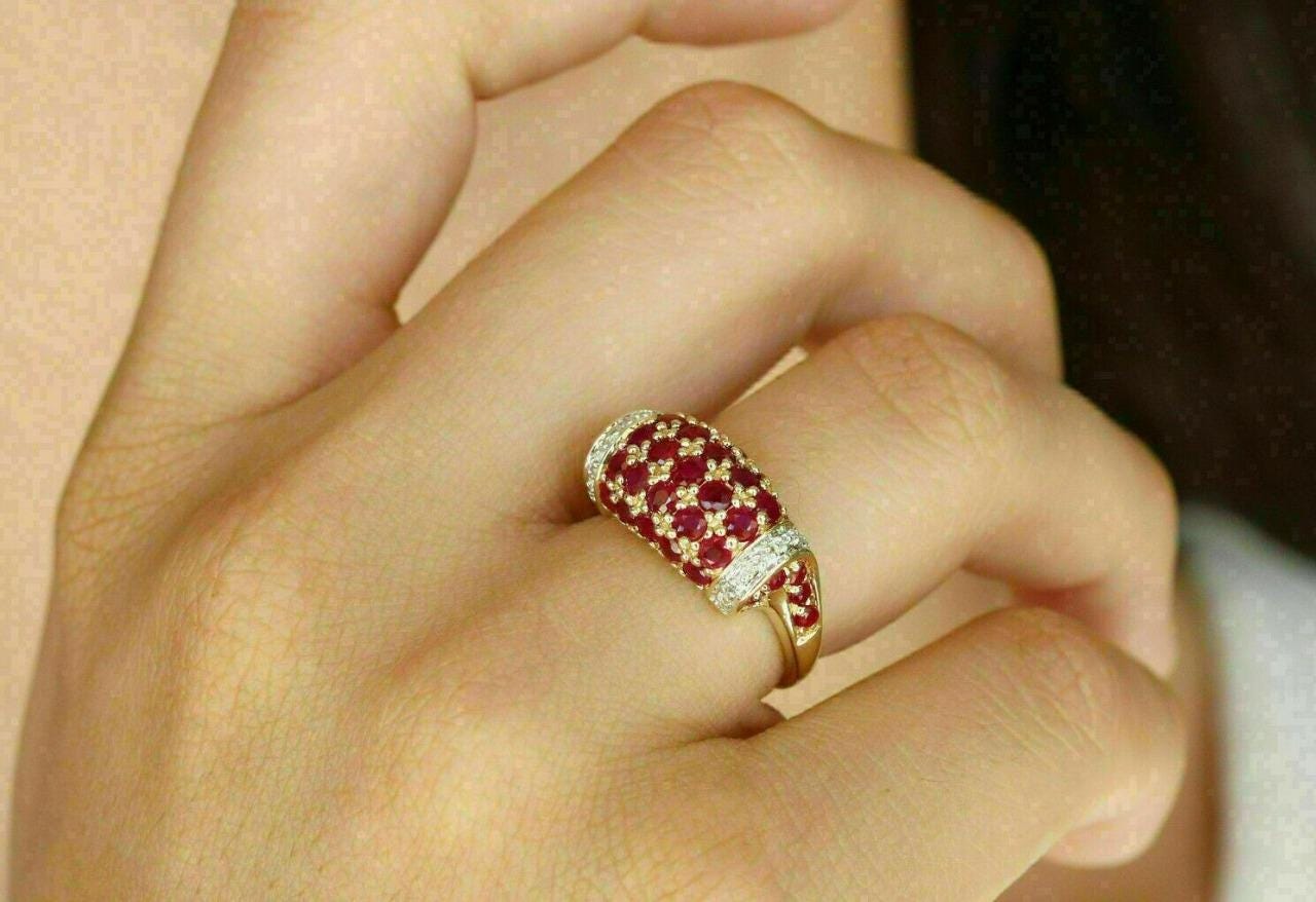 Vintage Style CZ Ruby Cluster Ring | Gold Plated Statement Cocktail Ring | Sparkling Red Gemstone Ring | Bold Party Jewelry for Women