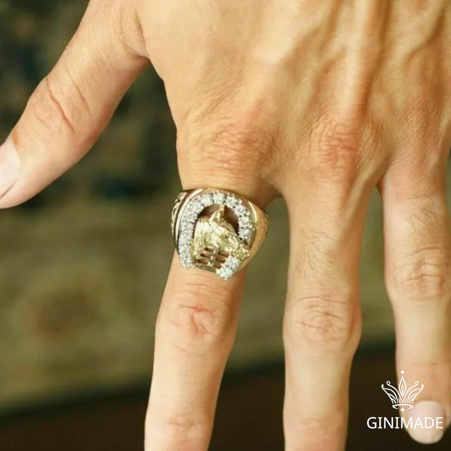 Personalized Elvis Horseshoe Ring – 925 Sterling Silver, Gold Plated, CZ Diamond Accents, Lucky Horse Jewelry, Western Statement Ring