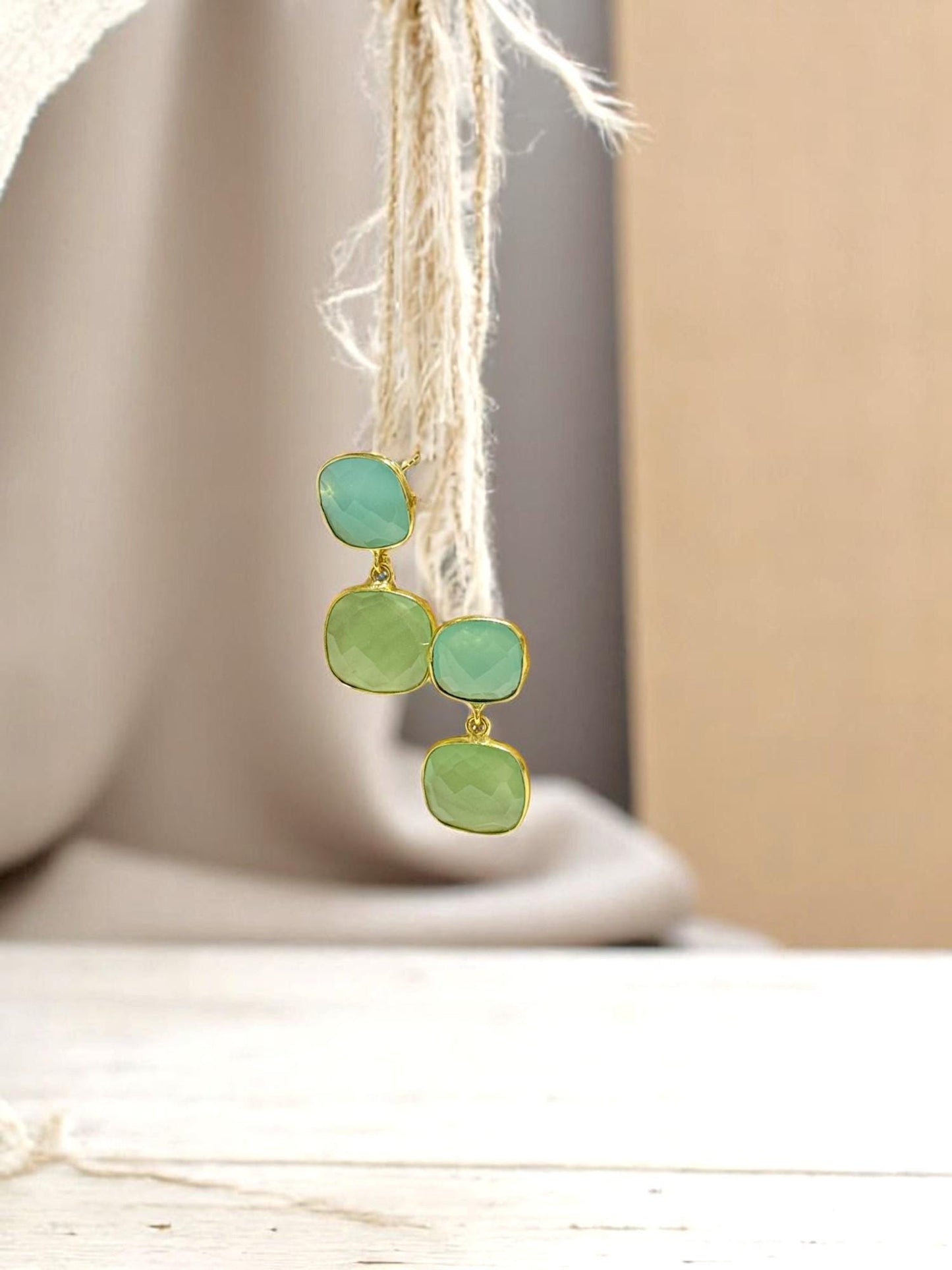 Green Gemstone Stud Earrings – Parrot Green & Aqua Stone Drops in 18k Gold Finish – Elegant Handmade Earrings for Women