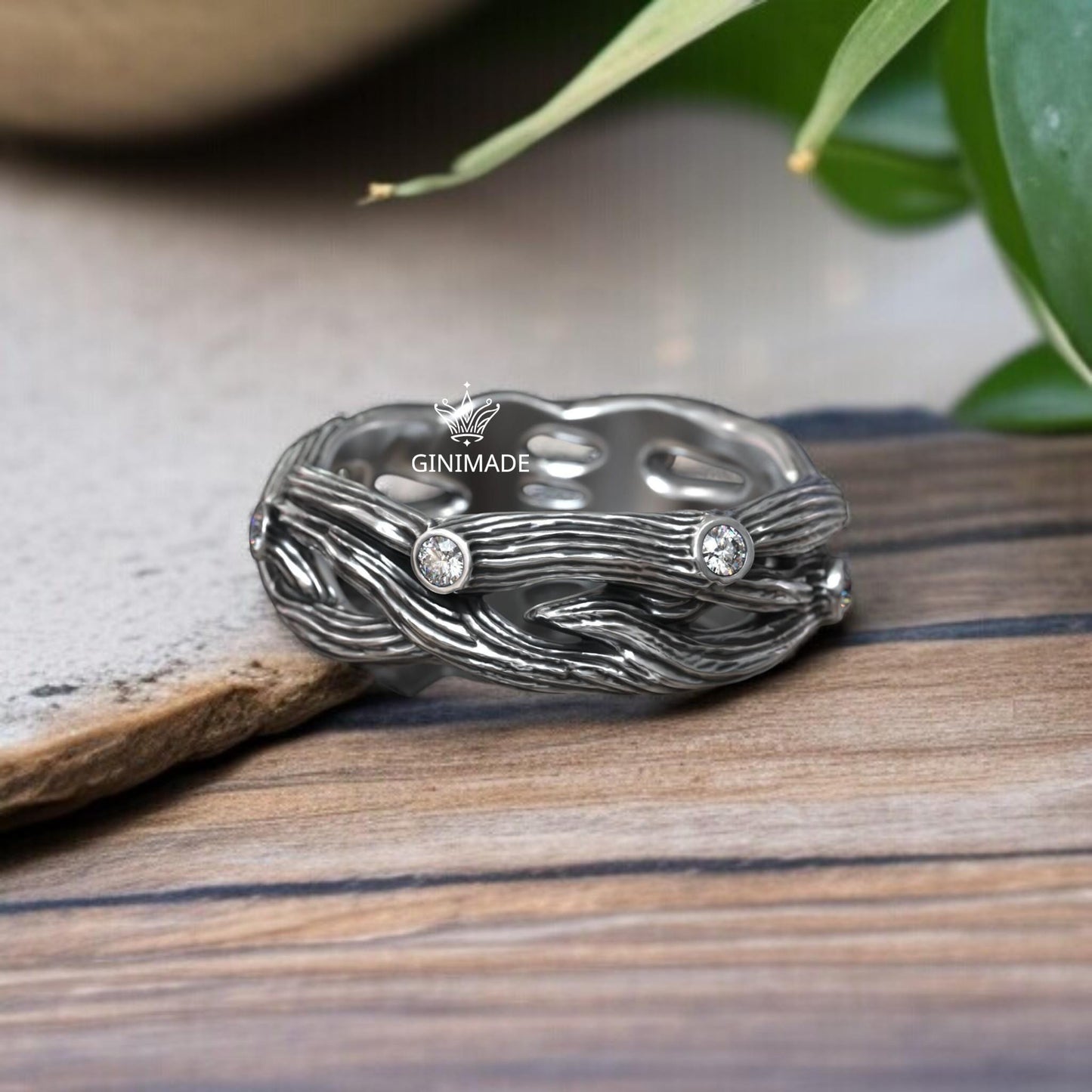 Boho Nature-Inspired Branch Ring – Sterling Silver Tree Bark Band with Diamonds – Organic Woodland Engagement or Promise Ring